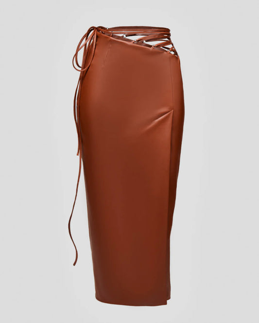 Black vegan leather pencil skirt with ties | LIKA luxury brand