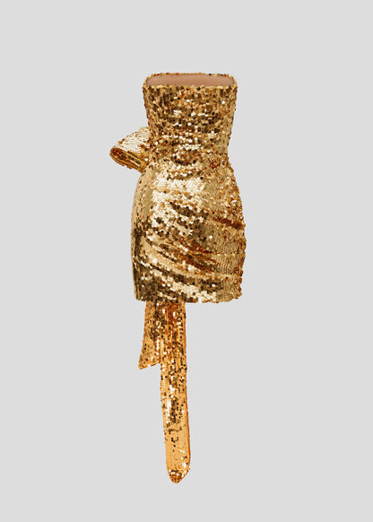 Gold sequin designer mini dress with a bow | LIKA luxury brand
