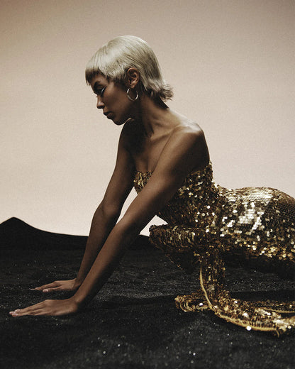 Gold sequin designer mini dress with a bow | LIKA luxury brand