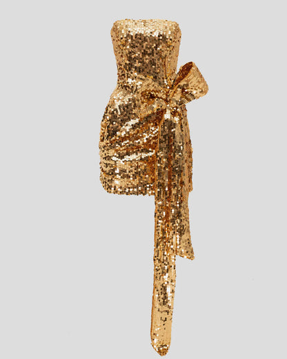 Gold sequin designer mini dress with a bow | LIKA luxury brand