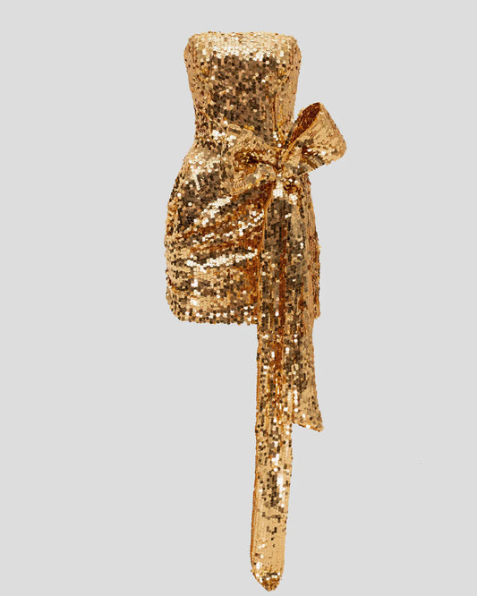 Gold sequin designer mini dress with a bow | LIKA luxury brand
