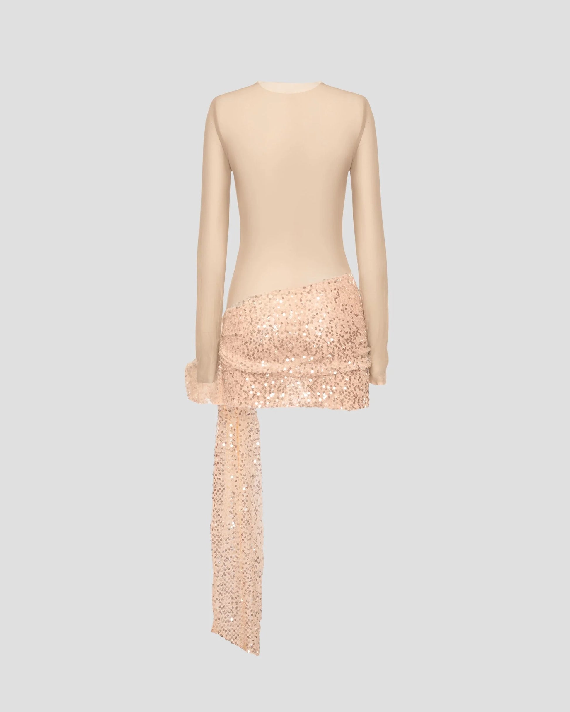 Beige designer mini dress with mesh top and sequin skirt with a bow | LIKA luxury brand
