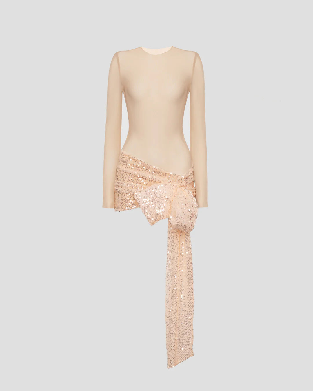Beige designer mini dress with mesh top and sequin skirt with a bow | LIKA luxury brand