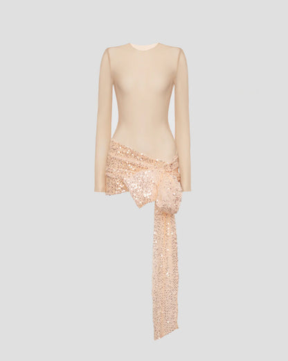 Beige designer mini dress with mesh top and sequin skirt with a bow | LIKA luxury brand