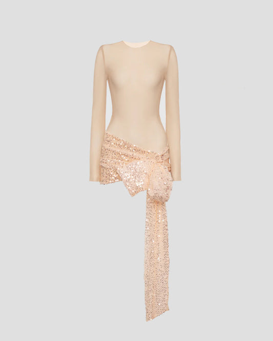 Beige designer mini dress with mesh top and sequin skirt with a bow | LIKA luxury brand