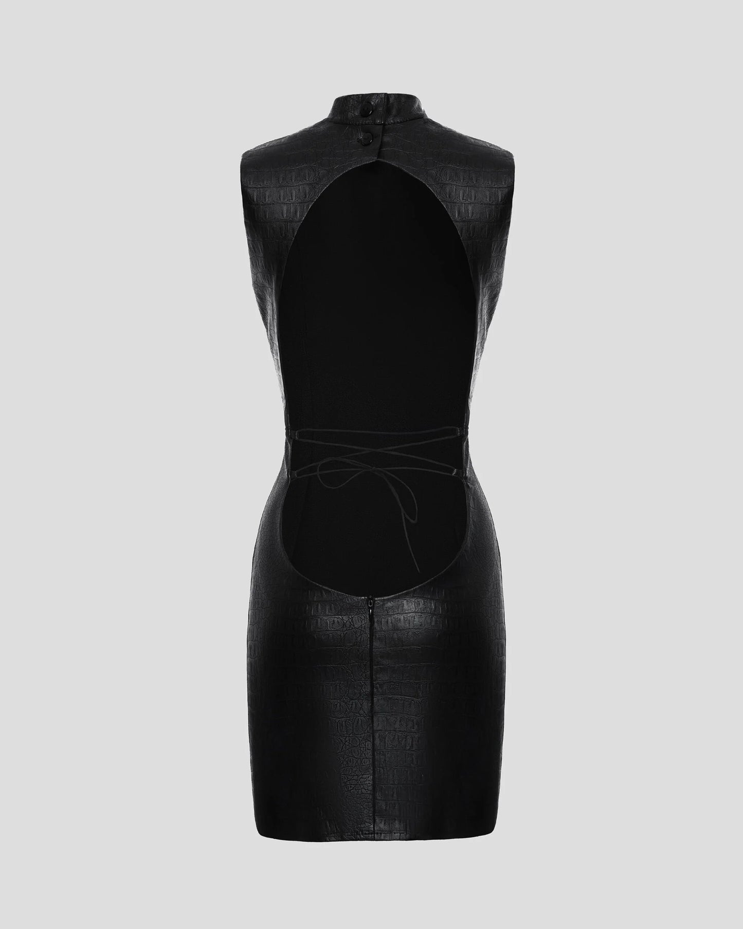 Black crocodile-embossed eco-leather designer mini dress with open back | LIKA luxury brand