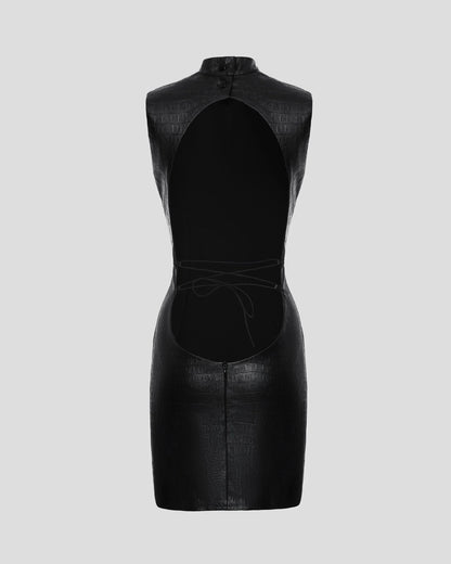 Black crocodile-embossed eco-leather designer mini dress with open back | LIKA luxury brand