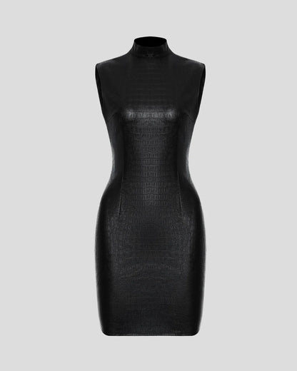 Black crocodile-embossed eco-leather designer mini dress with open back | LIKA luxury brand