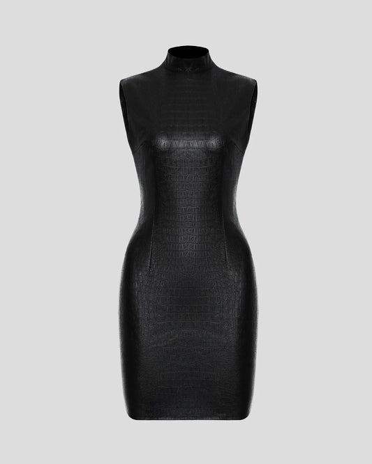 Black crocodile-embossed eco-leather designer mini dress with open back | LIKA luxury brand