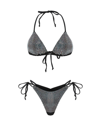Black and white patterned bikini set on a white background