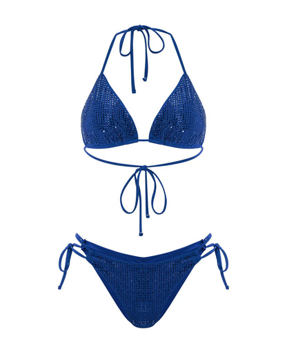 Blue bikini set with crystal embellishments on a white background