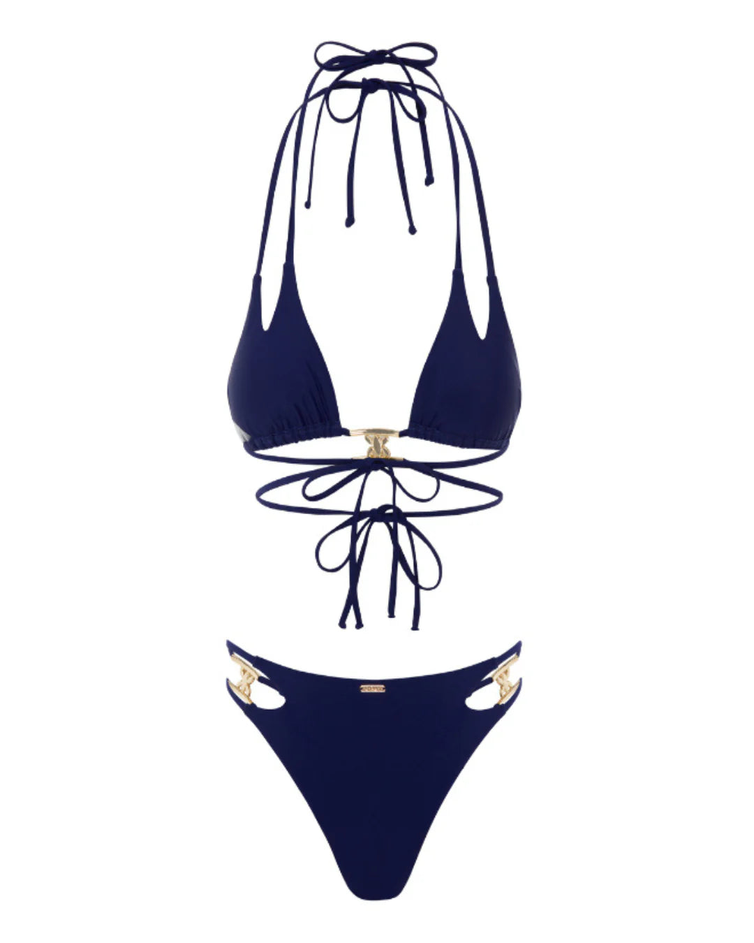 Navy blue bikini set with gold accents on a white background