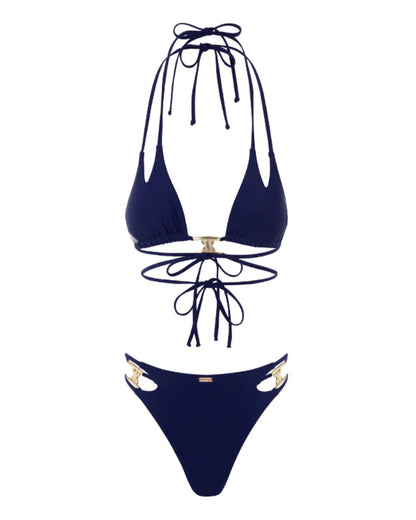 Navy blue bikini set with gold accents on a white background