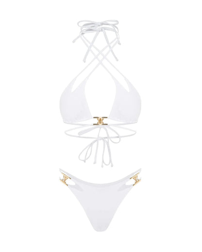 White bikini set with gold accents on a white background