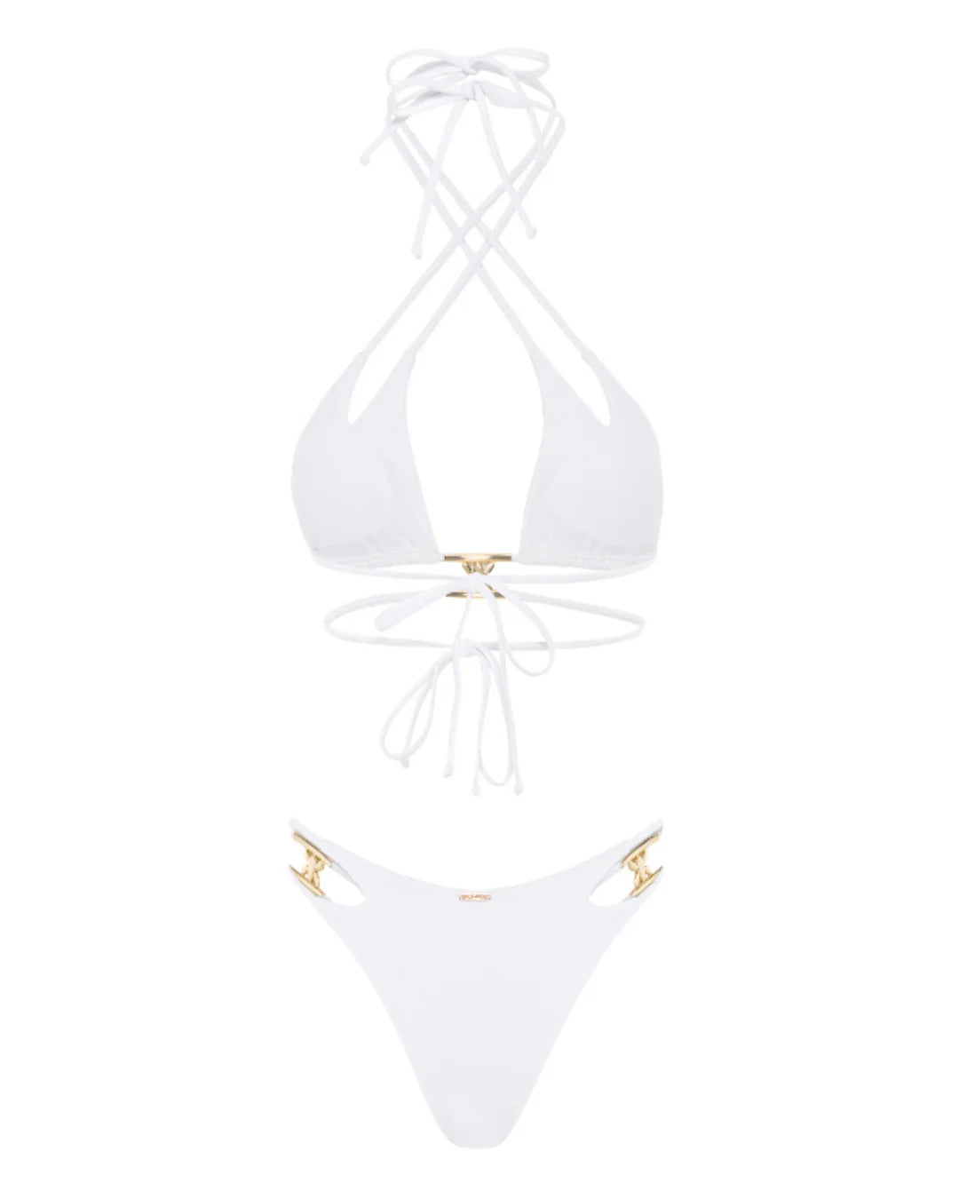 White bikini top and bottom set on a white background