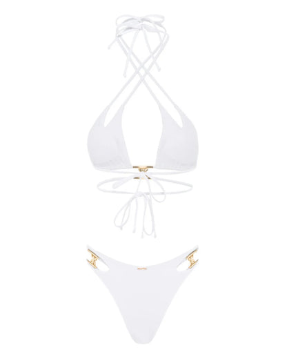 White bikini top and bottom set on a white background