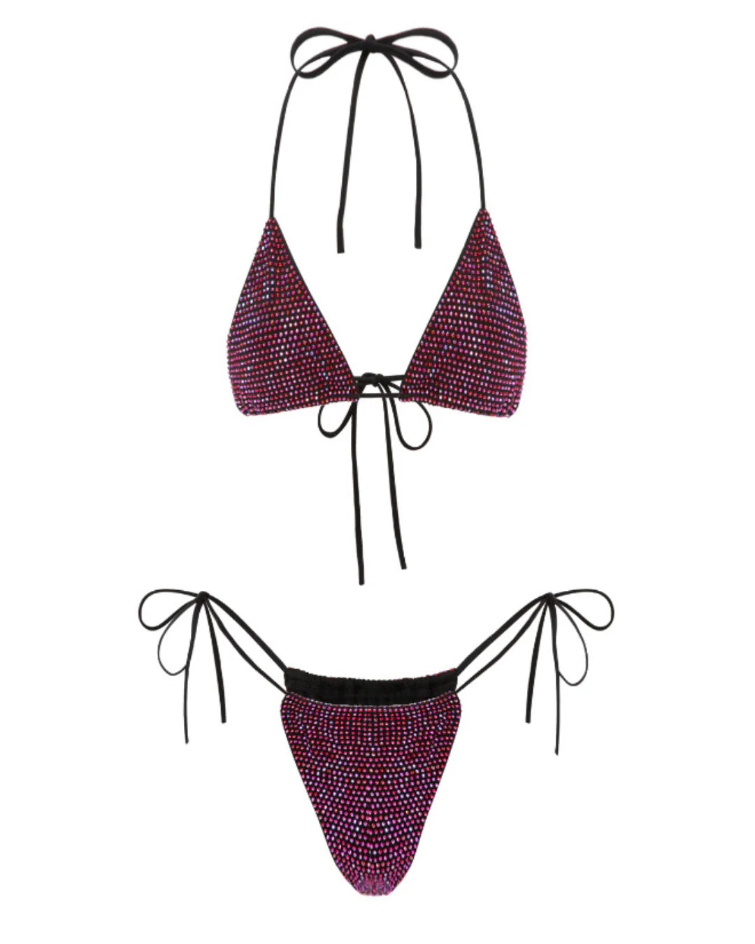 Purple sparkling bikini set with black straps on a white background
