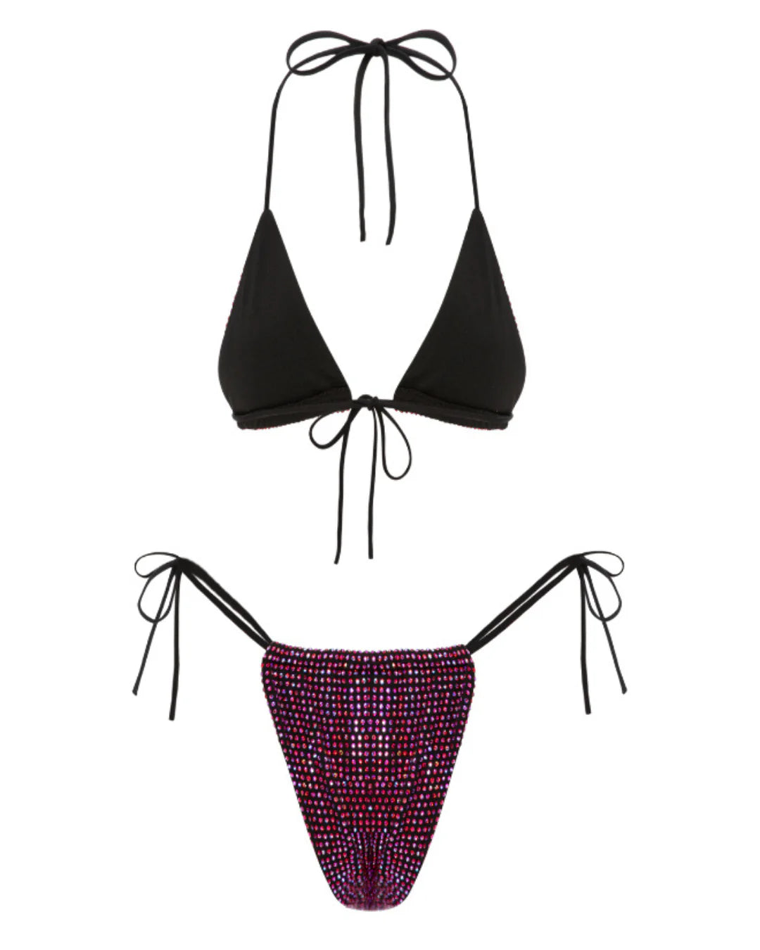 Black bikini top and multicolored bottom on a white background