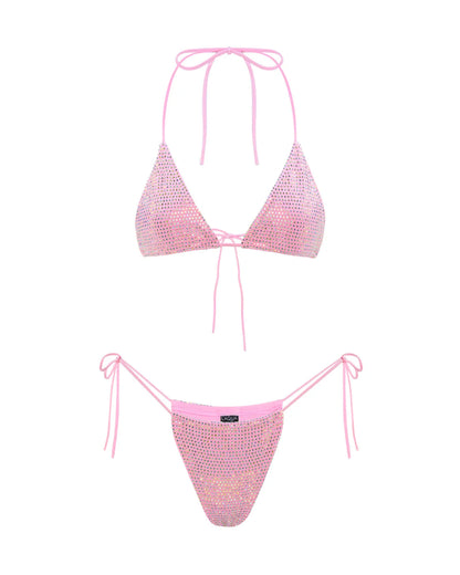 Pink sparkling bikini set  on a white background