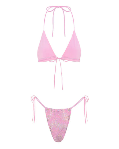 Pink bikini set with triangle top and bottom on a white background