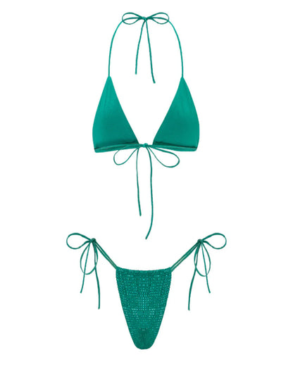 Green bikini set with halter top and string bottom on a white background