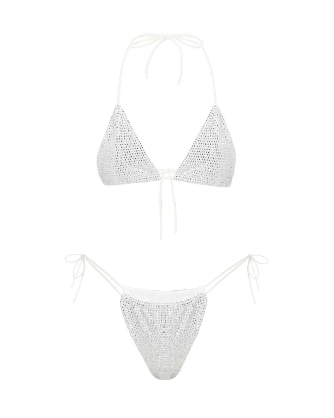 White bikini set with sparkling stones on a white background