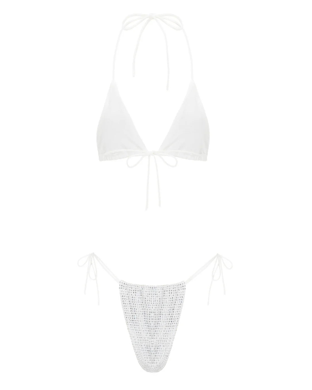 White bikini top with thin straps on a white background