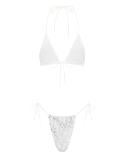 White bikini top with thin straps on a white background