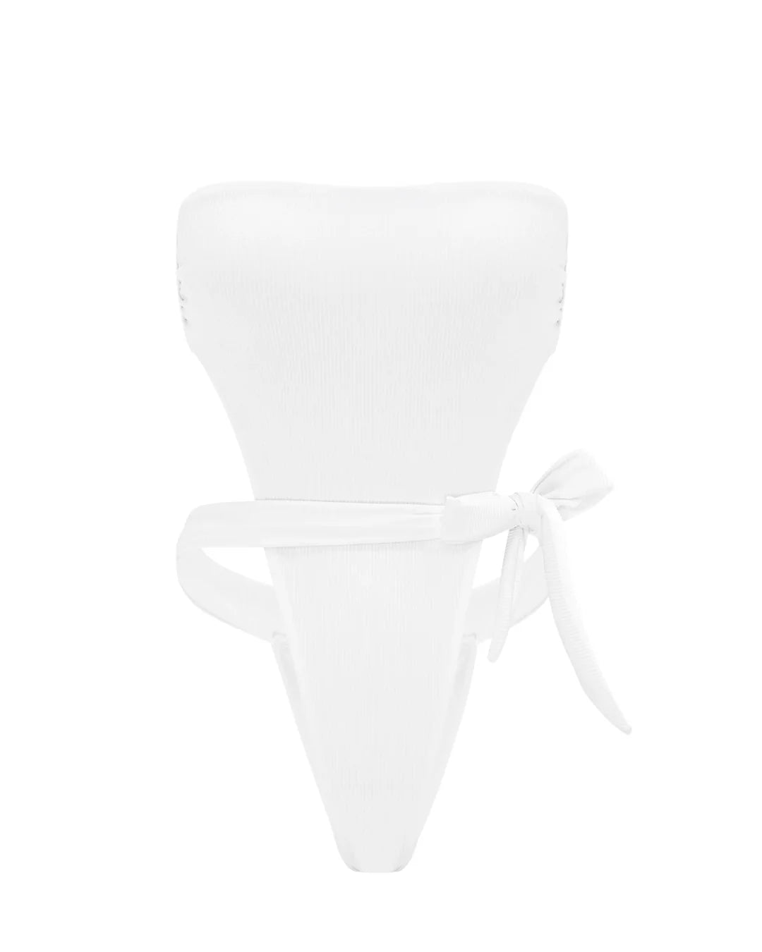 White bikini top with a bow detail on a white background