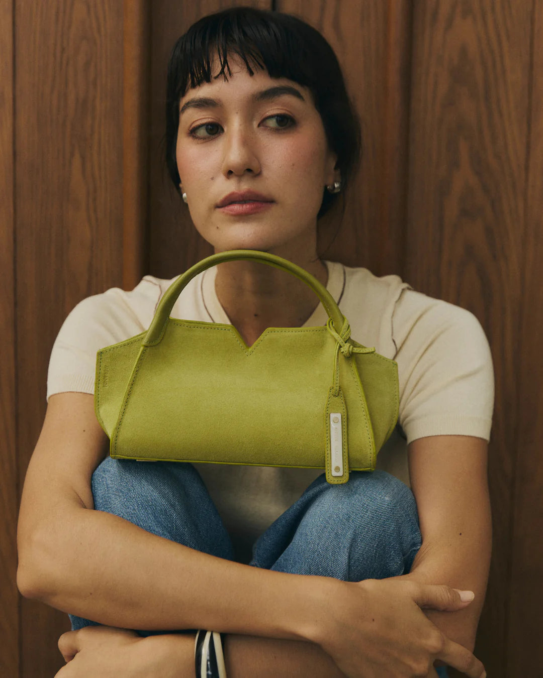 Woven leather designer handbag with hand dyed moss green color | MERANDI Thai luxury handbag brand made of Italian leather