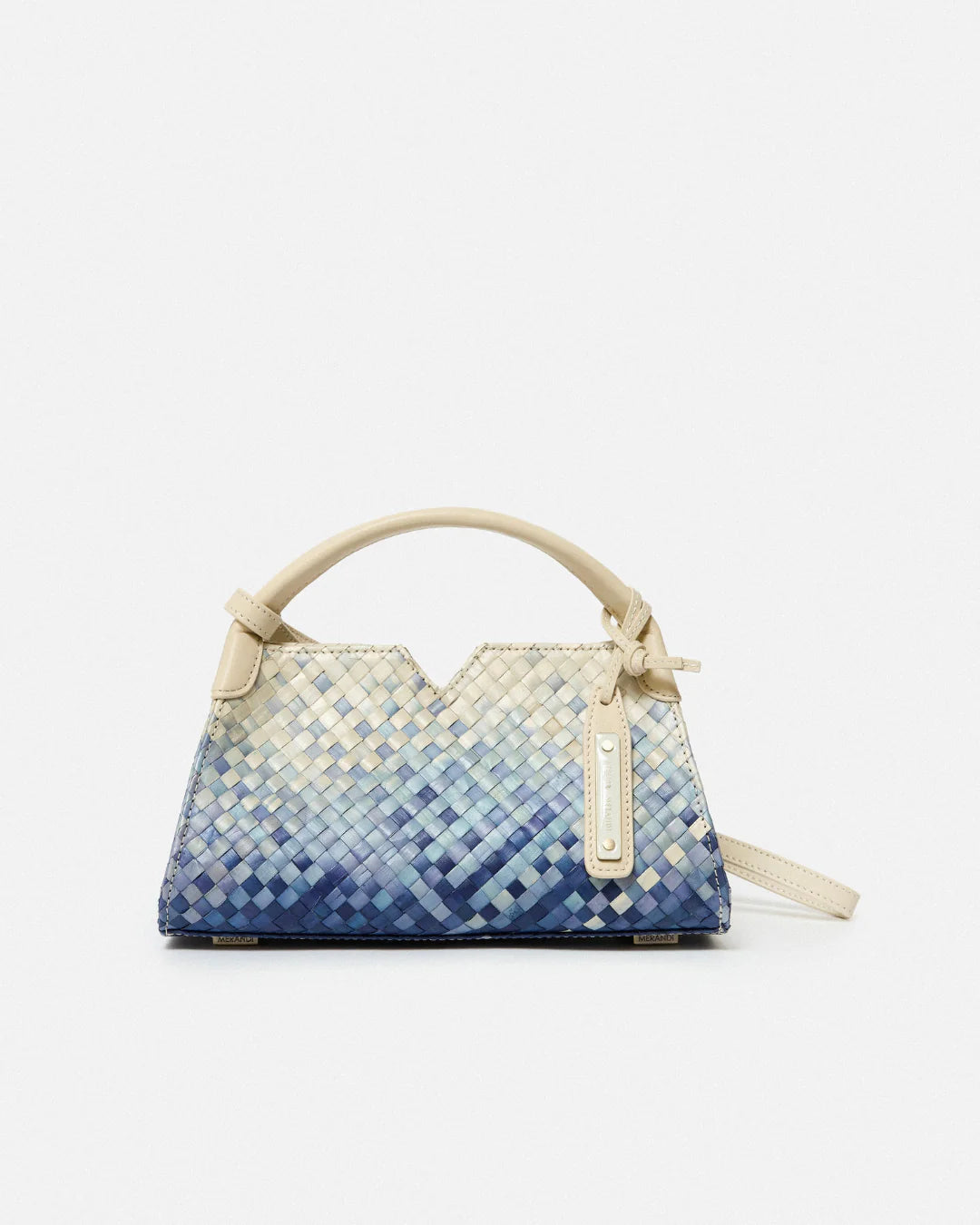 Woven leather designer handbag with hand dyed blue and white pattern | MERANDI Thai luxury handbag brand made of Italian leather