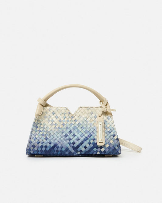 Woven leather designer handbag with hand dyed blue and white pattern | MERANDI Thai luxury handbag brand made of Italian leather