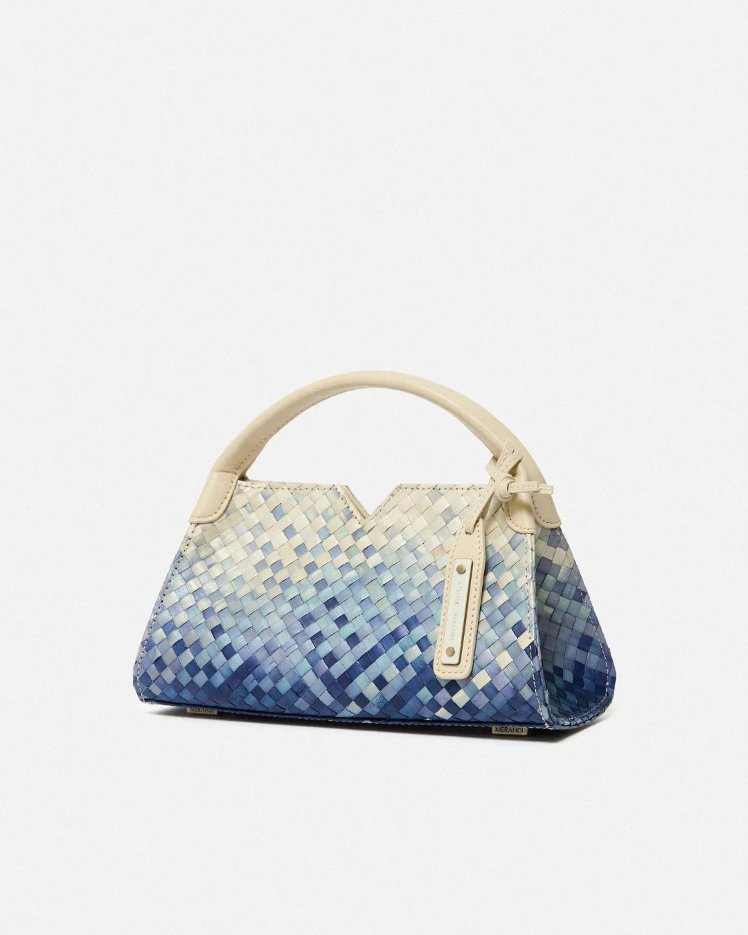Woven leather designer handbag with hand dyed blue and white pattern | MERANDI Thai luxury handbag brand made of Italian leather