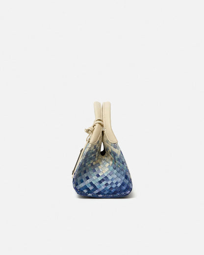 Woven leather designer handbag with hand dyed blue and white pattern | MERANDI Thai luxury handbag brand made of Italian leather