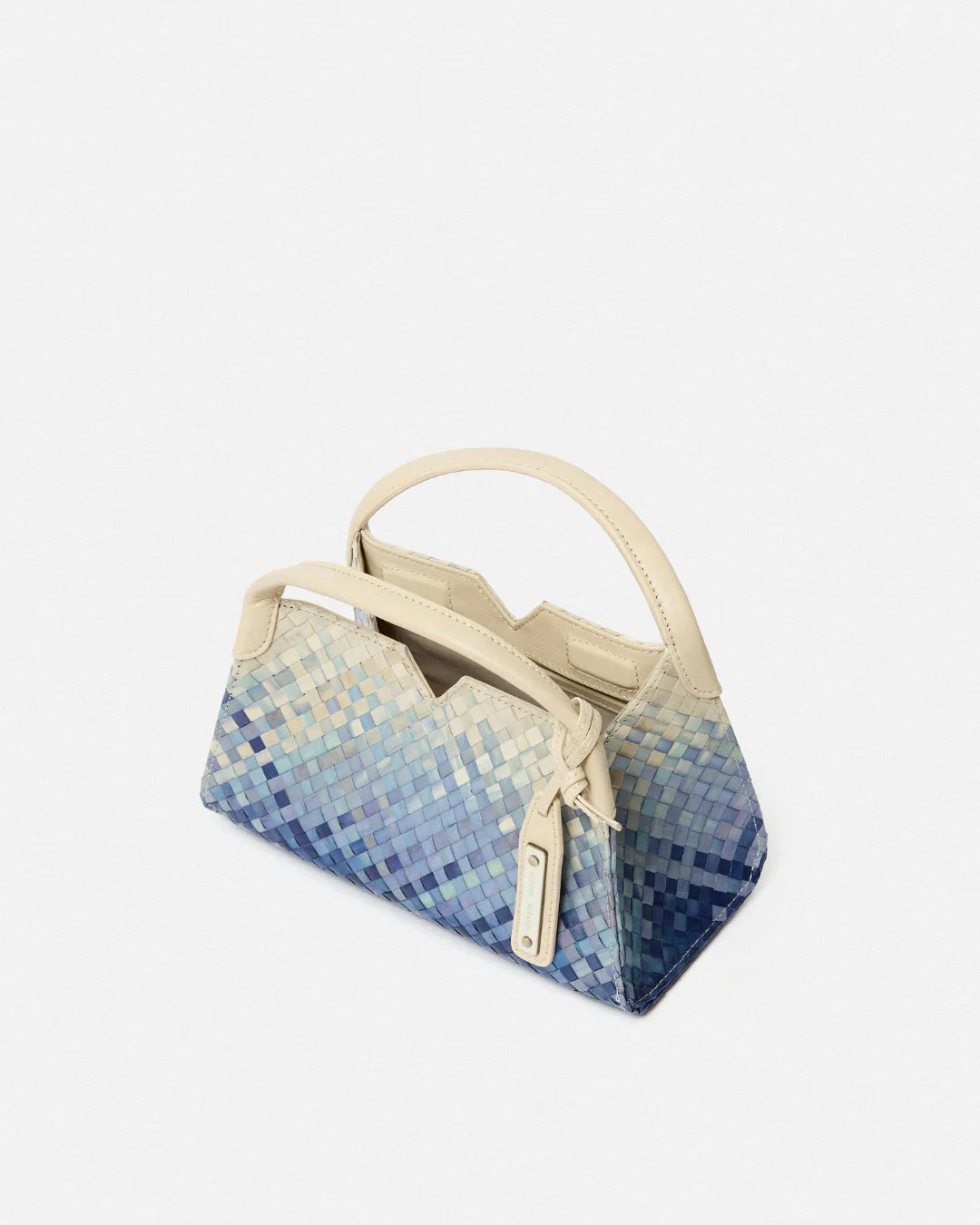 Woven leather designer handbag with hand dyed blue and white pattern | MERANDI Thai luxury handbag brand made of Italian leather