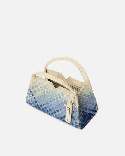 Woven leather designer handbag with hand dyed blue and white pattern | MERANDI Thai luxury handbag brand made of Italian leather