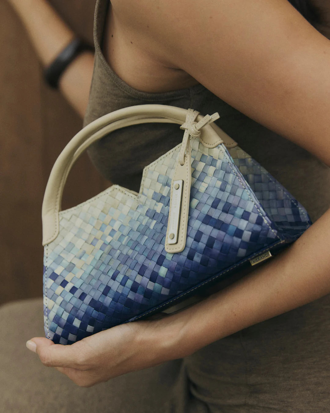 Woven leather designer handbag with hand dyed blue and white pattern | MERANDI Thai luxury handbag brand made of Italian leather