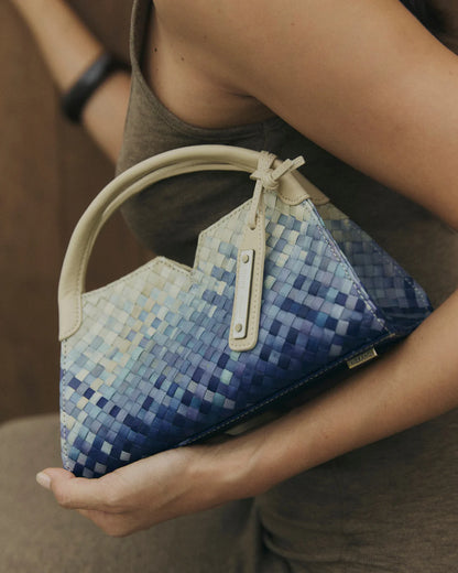 Woven leather designer handbag with hand dyed blue and white pattern | MERANDI Thai luxury handbag brand made of Italian leather