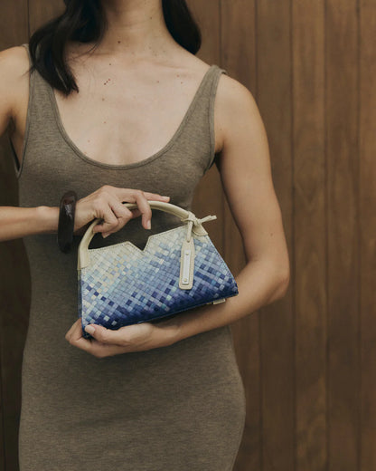 Woven leather designer handbag with hand dyed blue and white pattern | MERANDI Thai luxury handbag brand made of Italian leather