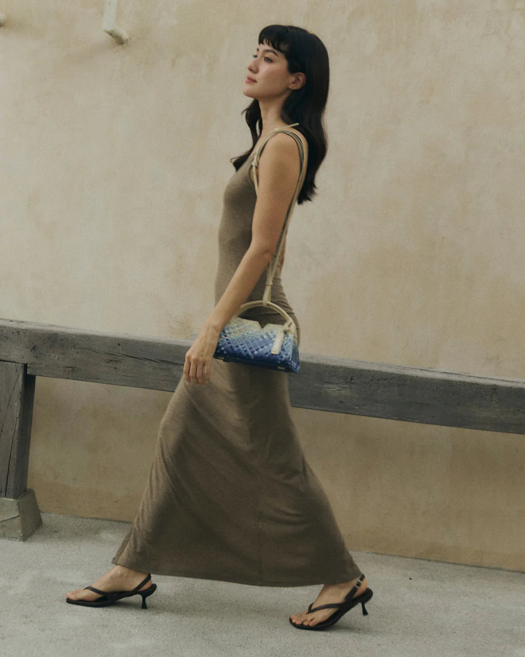 Woven leather designer handbag with hand dyed blue and white pattern | MERANDI Thai luxury handbag brand made of Italian leather