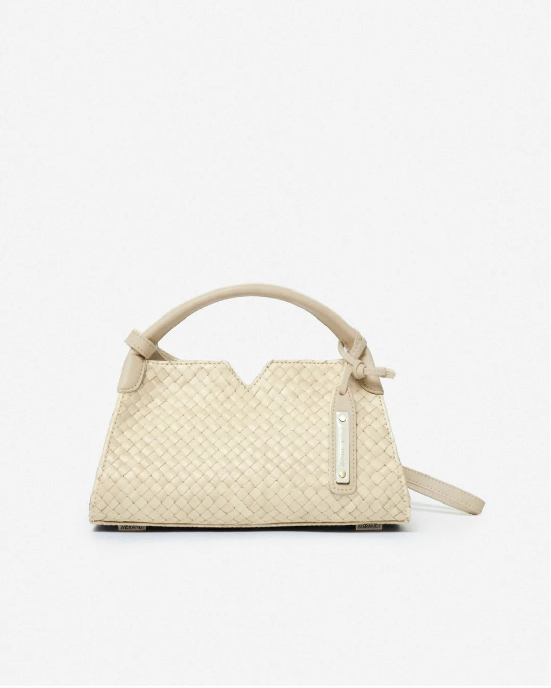 Woven leather designer handbag with hand dyed beige color | MERANDI Thai luxury handbag brand made of Italian leather