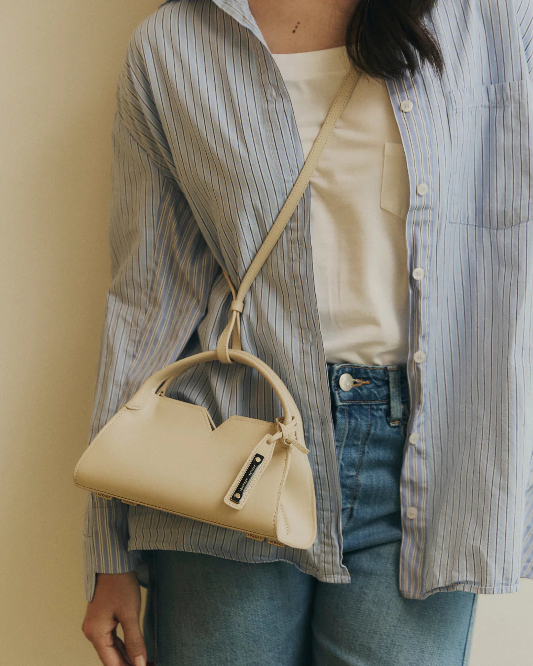 Woven leather designer handbag with hand dyed cream color | MERANDI Thai luxury handbag brand made of Italian leather