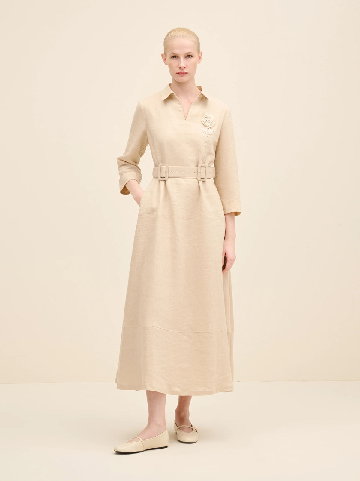 NÉAN Belted Linen Midi Dress - Beige
