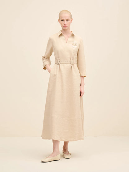 NÉAN Belted Linen Midi Dress - Beige