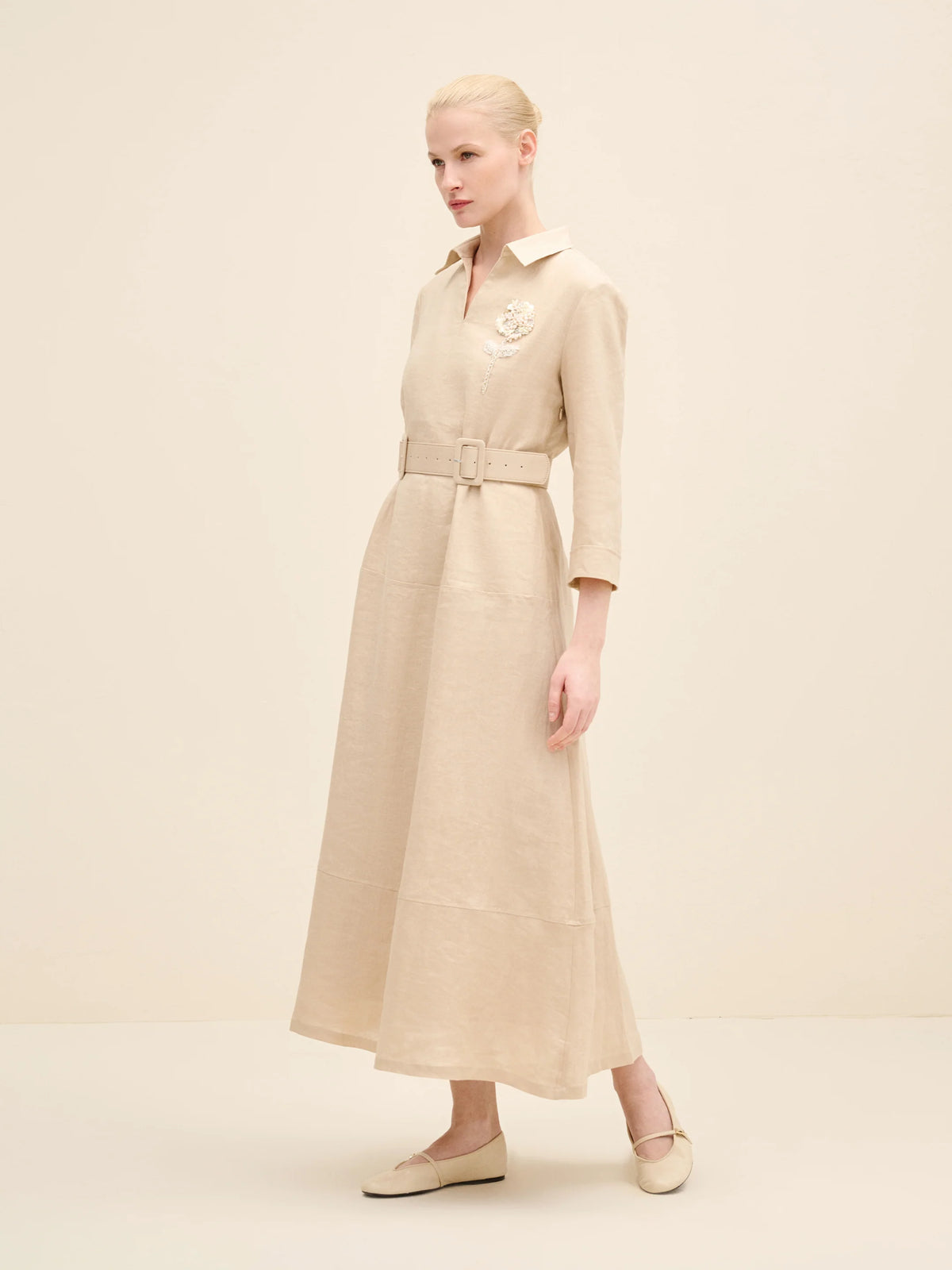 NÉAN Belted Linen Midi Dress - Beige