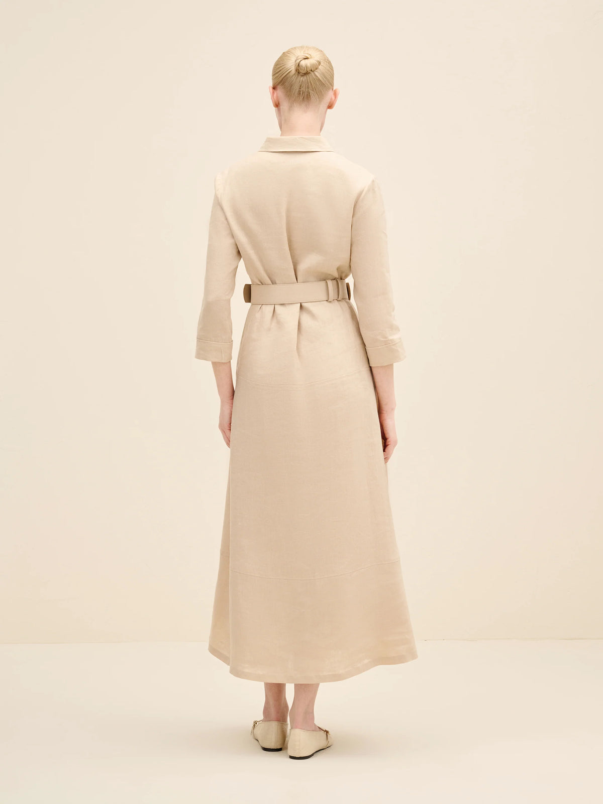 NÉAN Belted Linen Midi Dress - Beige