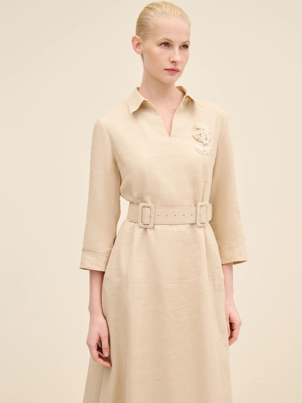 NÉAN Belted Linen Midi Dress - Beige