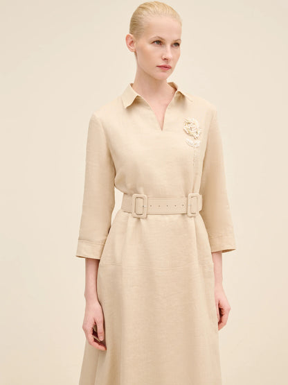 NÉAN Belted Linen Midi Dress - Beige