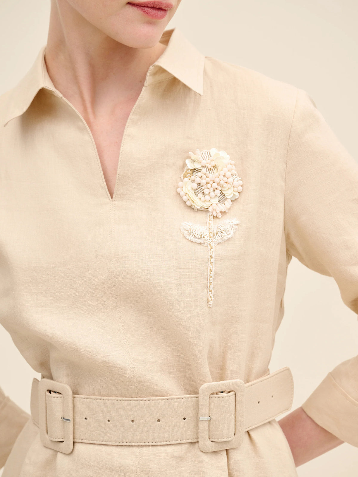 NÉAN Belted Linen Midi Dress - Beige