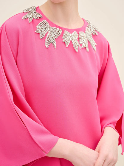 NÉAN Bow Embellished-Neck Kaftan Gown - Fuchsia